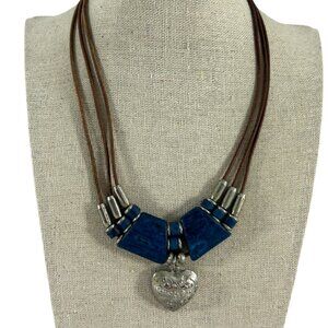Boho Necklace Blue Resin Beads Brown Cord Silver Tone Etched Heart Pendant